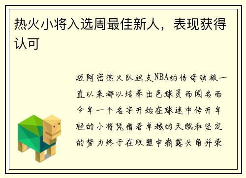 热火小将入选周最佳新人，表现获得认可