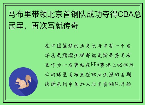 马布里带领北京首钢队成功夺得CBA总冠军，再次写就传奇